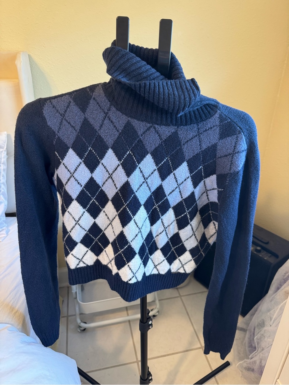 Hollister Navy Argyle Cropped Turtleneck Sweater